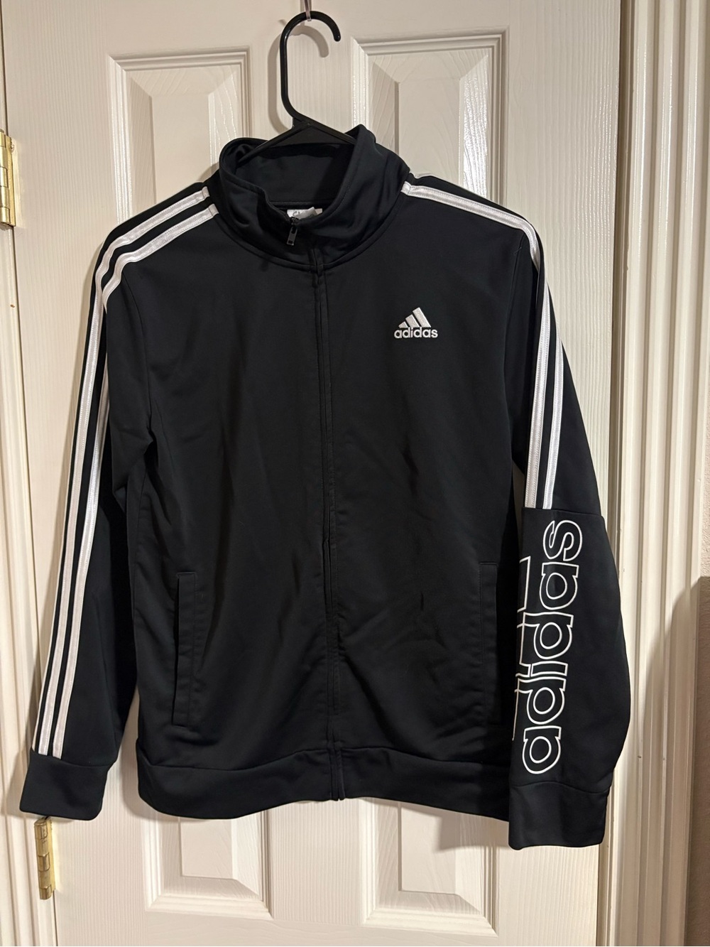 adidas Black Track Jacket with White Stripes and Sleeve Logo